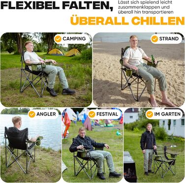 Складний туристичний стілець ADELKAMP з товстим м'яким сидінням, висока вантажопідйомність 150 кг, з сумкою-холодильником та тримачем для напоїв – переможець тесту 2024, преміум-якість, оливковий колір