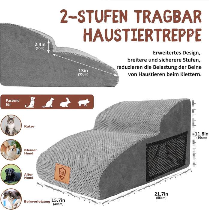 Dog Stairs, Pet Stairs, Foam Dog Stairs, Washable Non-Slip Cat Stairs, Dog Stairs for Small Dogs and Cats, Portable Dog Ramp for Bed, Couch and Car