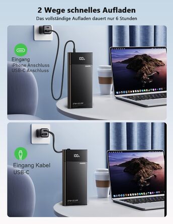 Power Bank Maidy 20000mAh з USB-C кабелем, 27W швидка зарядка, сумісний з iPhone, Galaxy, Xiaomi, iPad, Switch