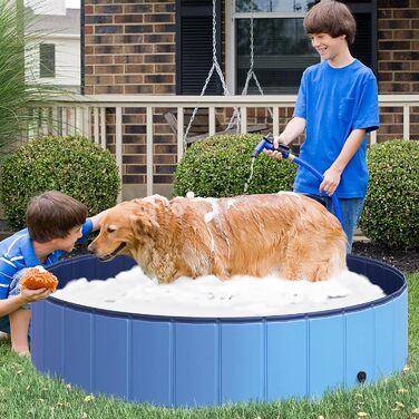 PawHut Dog Bathtub Dog Pool Bathtub Swimming Pool Water Pool for Dogs 120 x 30 cm (Light Blue + Dark Blue, 140 x H30 cm)