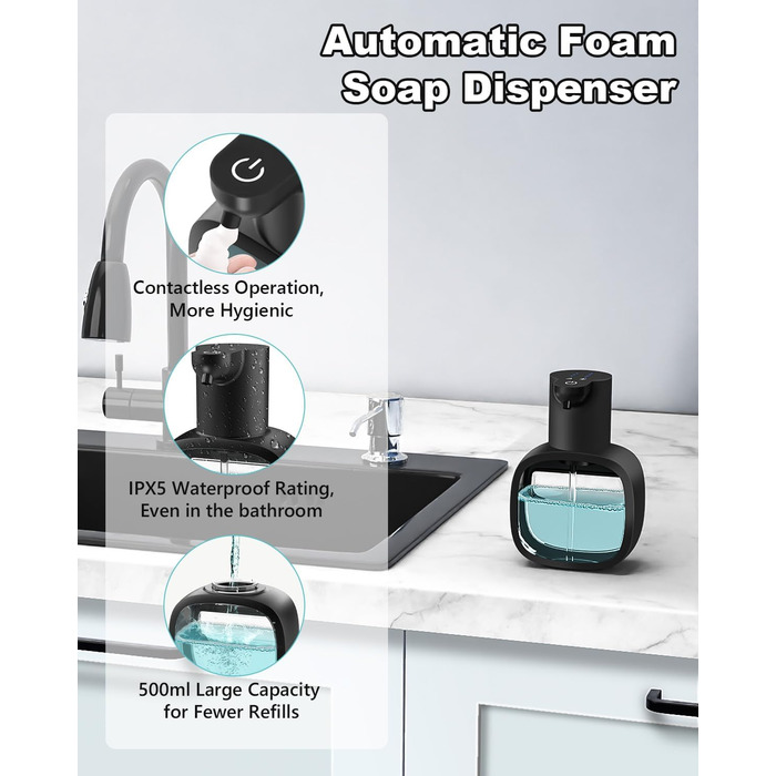 Автоматичний диспенсер для мила Dalugo з USB-C, 500 мл, настінний, електричний сенсор, регульований, для кухні та ванної кімнати, чорний, диспенсер для рідкого/пінистого мила