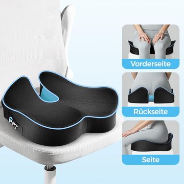 Подушка для сидіння POOTACK з memory foam - для офісного крісла, автосидіння та дому, м'яка підтримка спини, дихаючий чохол, блакитно-чорний