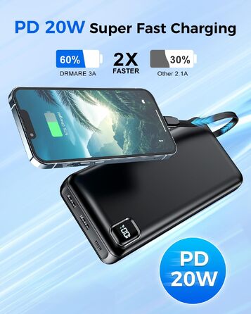 Повербанк Powerbank 50000mAh P500C з вбудованими кабелями та LED-дисплеєм, швидка зарядка USB-C, зовнішній акумулятор для iPhone, Android та планшетів, чорний