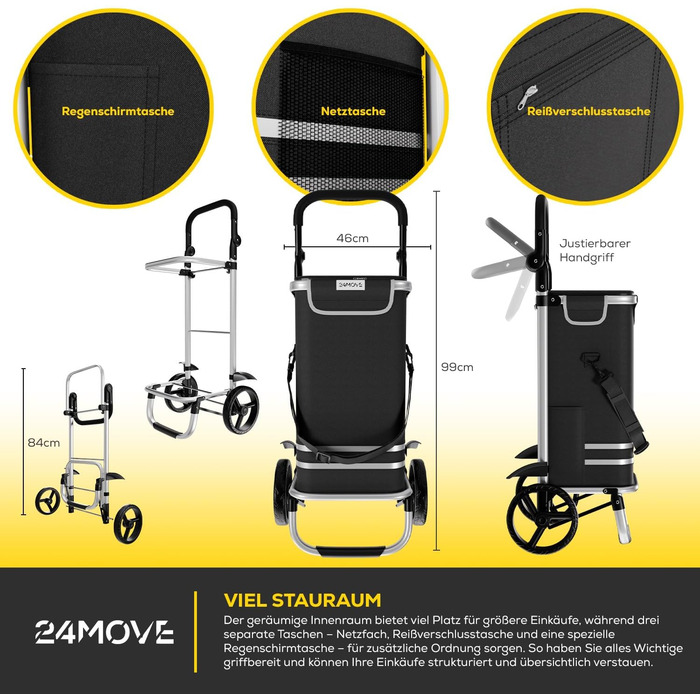 Тролей для покупок 24MOVE® Vehlo: складаний, 55л, з термокишенею, 3в1 (тролей, візок, сумка), до 30кг, чорний