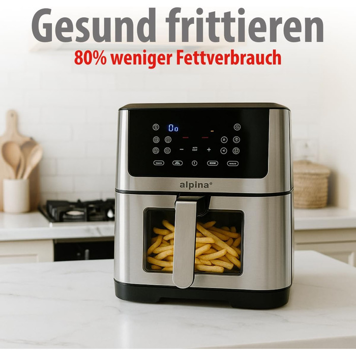 Фритюрниця Alpina Heißluft XXL: Цифрова фритюрниця Air Fryer на 8 літрів, 1800W, для 4-6 осіб, з таймером до 2 годин, 80-200°C