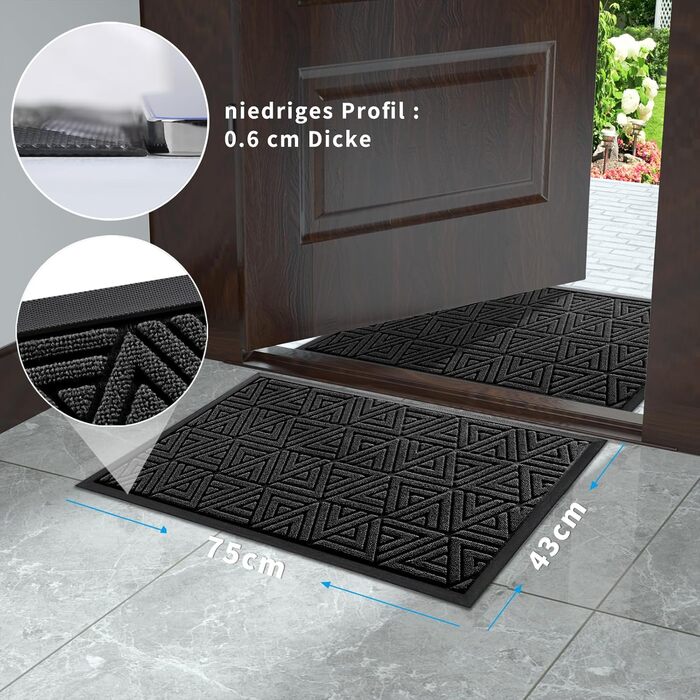 Килимок для дому Yimobra, 75 x 43 см, чорний: зносостійкий, водонепроникний, легко миється | Для дому та вулиці