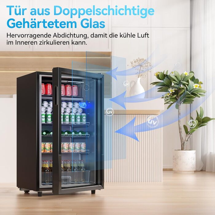 Холодильник для напоїв TriumphKEY, 85 літрів з LED-підсвіткою, скляна дверцята, 3 полиці та відділення для пляшок (сода, пиво, вино)