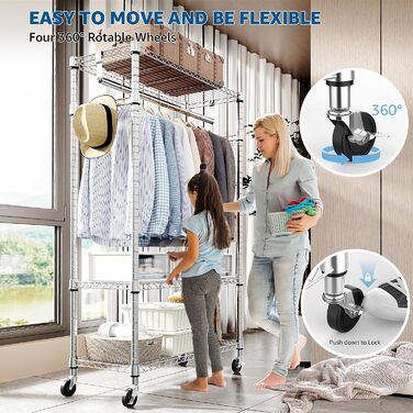 Міцний мобільний вішак для одягу з 3 рівнями, регульовані полиці, 2 штанги та гачки - 40x75x189.3 см (хром)