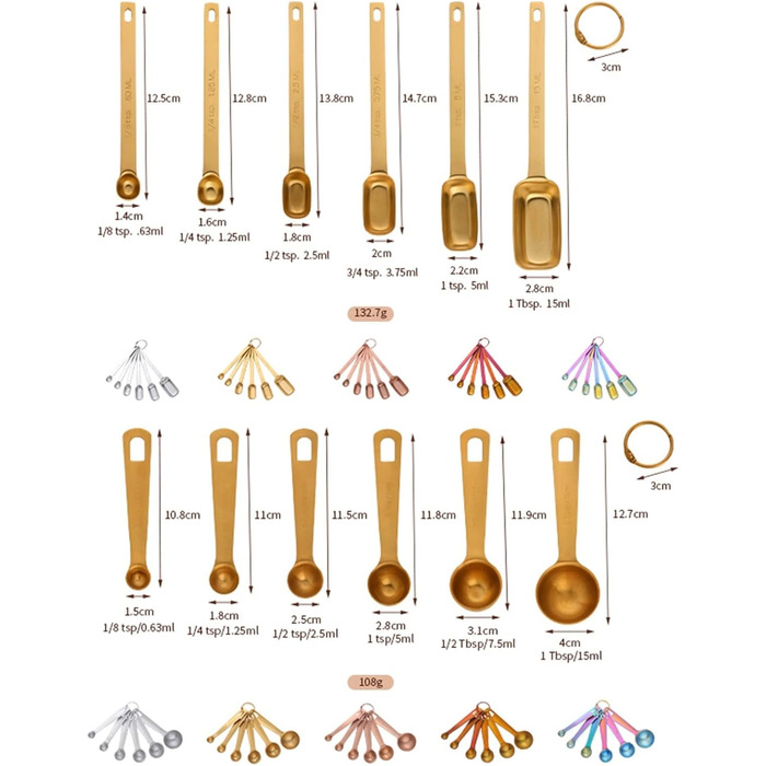 6-Piece Measuring Spoon Set for Teaspoons, Coffee, Sugar, Cake, Baking, Gold Measuring Cups, Kitchen Measuring Spoons, Baking Utensils (Color: A Silver) (B Gold)