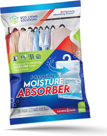 Eco Living Solutions Moisture Absorber Packs, Unscented, Moisture Absorbers, Hanging Closet Air Dehumidifier Bags, Eliminates Odors for Fresher Air, Ideal for the Closet