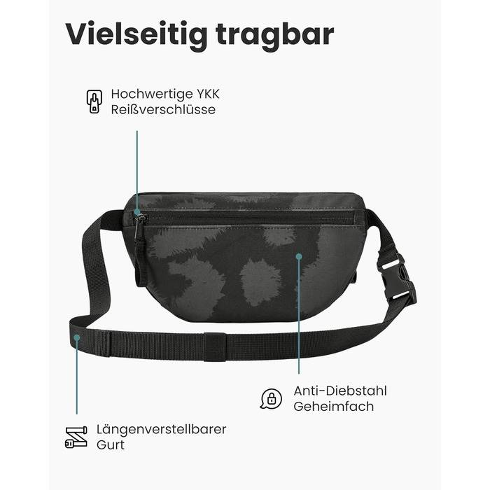 Поясна сумка LARKSON для жінок та чоловіків, м'ятного кольору, модель Finn - для спорту, активного відпочинку, міста, фестивалів. Стильна сумка через плече з водонепроникним покриттям (сірий леопардовий)