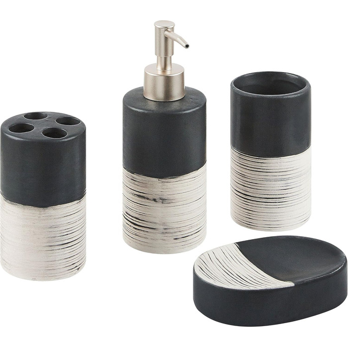 Bathroom set black/beige 4-piece made of natural stone Dolomite, striped Coro