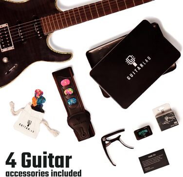 Набір аксесуарів для гітари Guitar Lab: ремінь, каподастр, тюнер, медіатори. Підходить для акустичної та електрогітари, бас-гітари