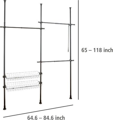 WENKO Telescopic System Hercules Duo, 3 Clothes Rails, 2 Storage Baskets, Extendable, Powder-Coated Metal, 164-215 x 165-300 x 38 cm, Matte Black