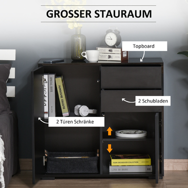 HOMCOM Sideboard Black Storage Cabinet with 2 Drawers & 2 Doors, Tip-Over Protection for Living Room, Bedroom, 117x36x74cm