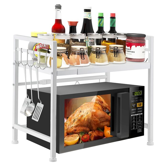 Розширювана підставка для мікрохвильової печі 2-ярусна, органайзер з вуглецевої сталі, кухонна полиця з 10 гачками для тостера та аірфрая (білий)
