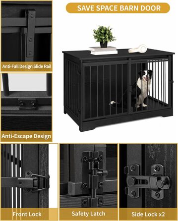 Клітка для собак Hzuaneri, 100 см, дерев'яна, з розсувними дверима, для дому, чорна (100 x 60 x 68 см)