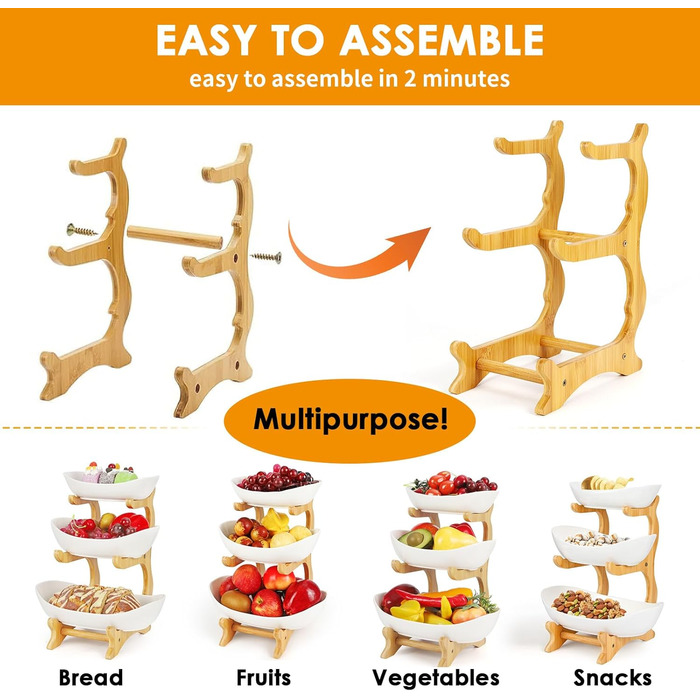 Керамічна етажерка для фруктів Diealles з 3 ярусами, бамбуковий підставник, для сім'ї, стабільна, сумісна з овочами та снеками