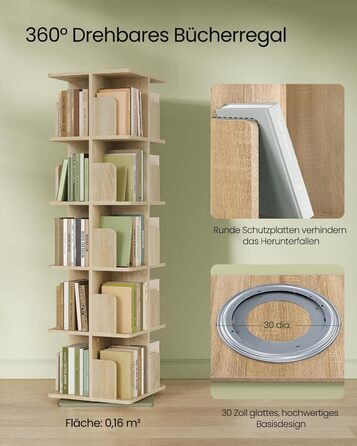 EUGAD Swivel Bookshelf Room Divider Standing Shelf Rotating Shelf Office Shelf Decorative Shelf 360° Freely Swivelable with 4 Levels MDF 39.5x128x39.5 cm 4 Levels (39.5W x 128H x 39.5D cm) (5 Levels (40W x 155H x 40D cm), Light Oak)
