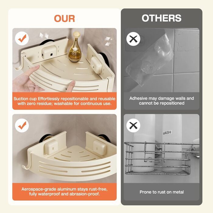 Поличка для душу Lekesky без свердління, кутова, з міцними присосками, алюміній, нержавіюча сталь, знімна, для ванної кімнати, кухні, орендованого житла (2 шт., кремовий колір з тримачем для рушників)