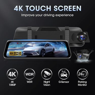 Відеореєстратор Vtopek 4K WiFi дзеркало з камерою заднього виду, 10