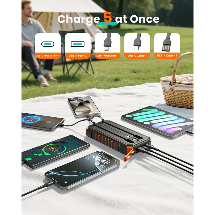 Power Bank A ADDTOP 22.5W 20000mAh Сонячна Бездротова Зовнішня Батарея з 2 USB-кабелями та Ліхтариком для Телефонів, Планшетів, Кемпінгу (Чорний)