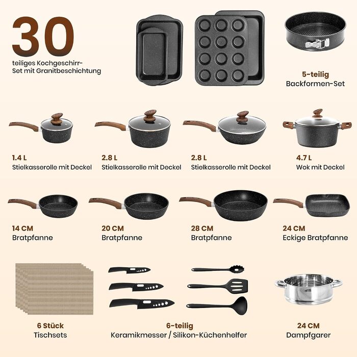 Набір посуду Kitchen Academy для індукційних плит, гранітне покриття, 30 предметів, чорний