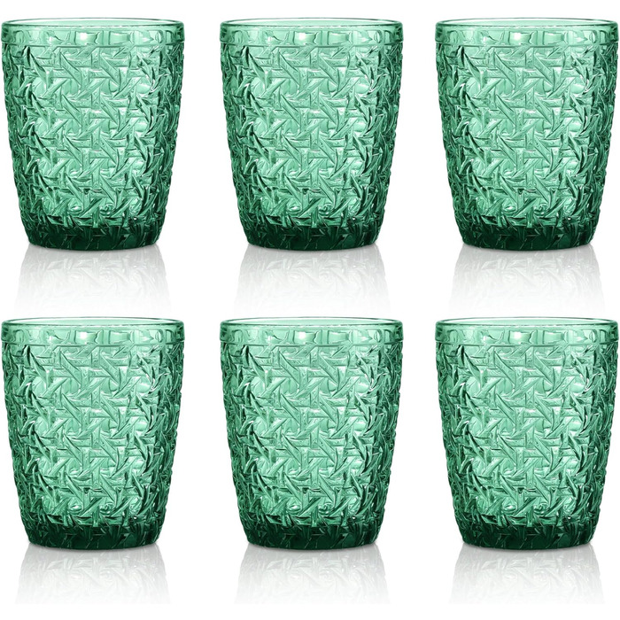 Joeyan 300ml Green Glass Set, 6-Piece, Vintage Colored Drinking Glasses with Embossed Design, Colorful Water Glasses Dishwasher Safe