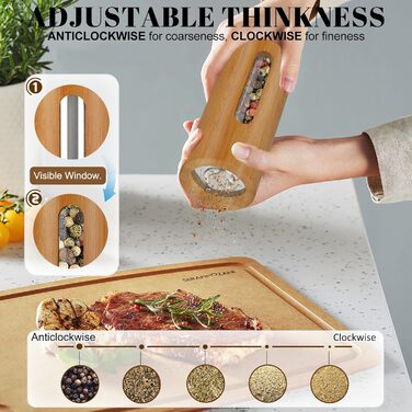 BOCHION Salt and Pepper Grinder Set, Wooden Grinder Set Large with Coaster, Salt and Pepper Grinder with Adjustable Ceramic Grinder, Grinding from Coarse to Fine, for Pepper, Salt, Spices, 2-Piece Set 18 cm