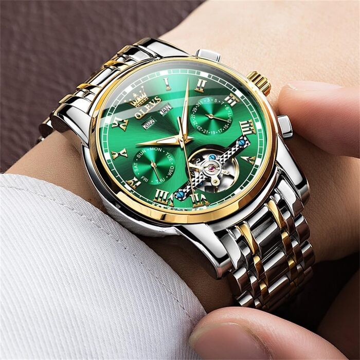 Чоловічий годинник OLEVS 6607 Кварцовий зі спортивним дизайном (диск колеса), водонепроникний, сталь, підсвітка, Зелений/Золотий