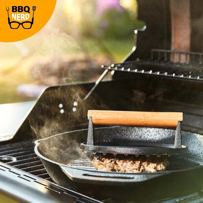 Пресс для м'яса з чавуну з дерев'яною ручкою, 18 см, круглий - Прес для бургерів, гриль-прес, вага для BBQ, м'яса, котлетів, бекону, сиру, сендвічів. Діаметр 18 см, чорний