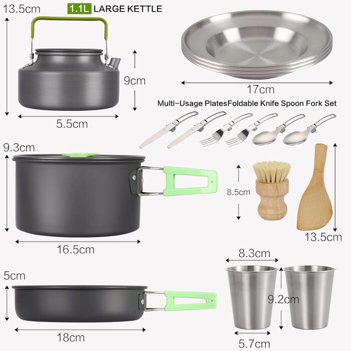 Набір посуду для кемпінгу PELLOR 17 предметів: алюмінієвий посуд для відпочинку на природі, кемпінгу, риболовлі, пікніка, походів та подорожей