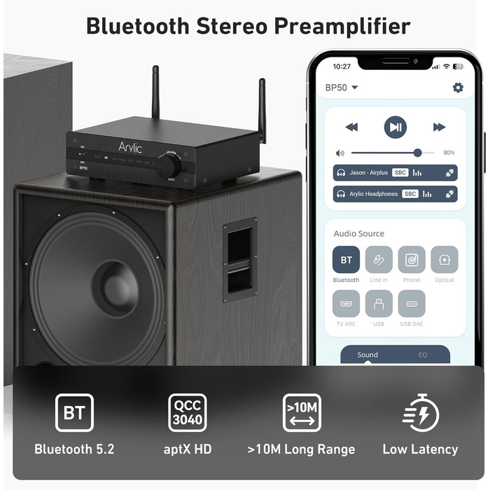 Arylic BP50 Bluetooth 5.2 Аудіоприймач для стереосистем з aptX, HDMI ARC, Phono входом та Free App. Bluetooth аудіоадаптер з DAC, RCA виходи для AV-ресивера або стерео-попереджувача.