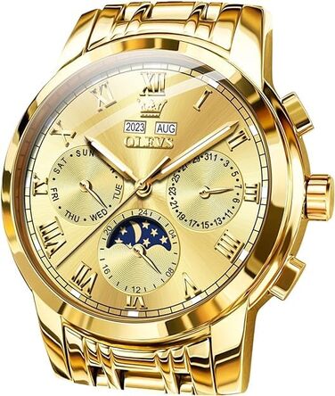 Чоловічий механічний годинник OLEVS 6692 з автопідзаводом, золотий корпус та браслет із нержавіючої сталі, функція місячної фази, календар, водонепроникний, люксовий бізнес-стиль