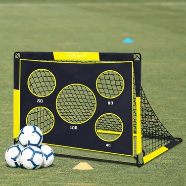 TTCB Sports 2-in-1 Kids Soccer Goal - Outdoor Football Goal with 5 Target Zones, Pop Up Soccer Goal Net & Carry Bag, Ideal for Football Training Equipment or Gifts for Boys (Yellow, 90x90x120cm)