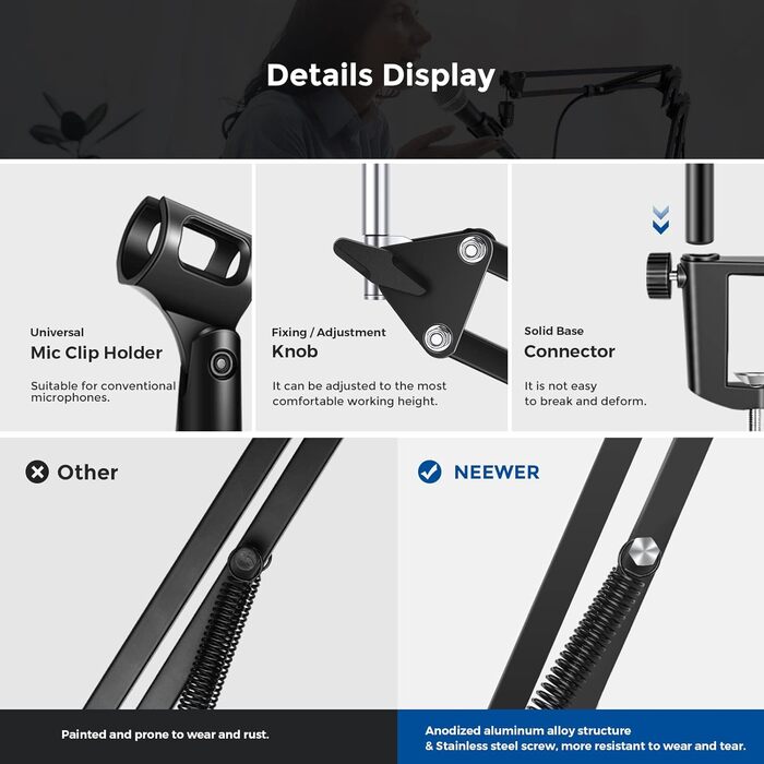 Тримач для мікрофону Neewer NW-35: регульований підвіс-кріплення для мікрофону, сумісний з Yeti, Quadcast та іншими