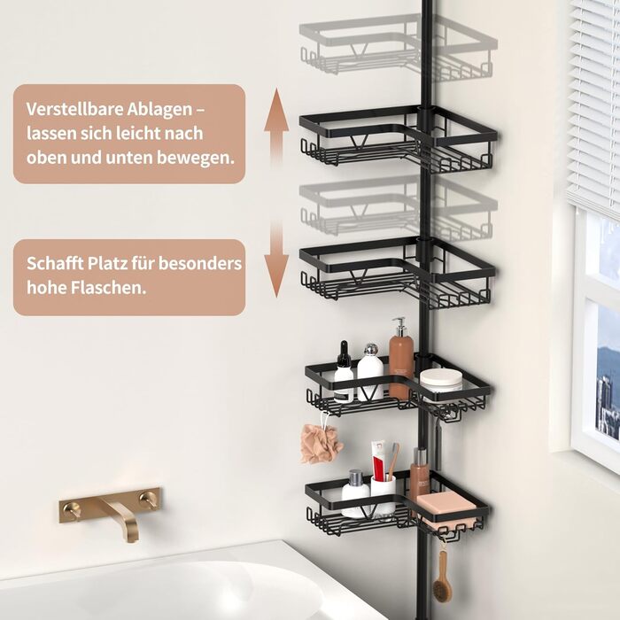 Настінна поличка для душу YIGII з телескопічною штангою, з нержавіючої сталі, чорна, 4 яруси, без свердління, з тримачем для зубних щіток, регульована 63.5–290 см