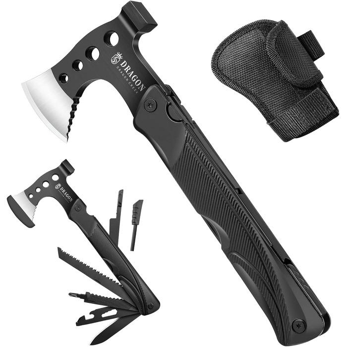 Camping Axe Hatchet, Outdoor Survival Multitool Small Axe, Aluminum Handle 15-in-1 Multifunction Tool with Hammer Saw Knife, mini tool - Gifts for Men