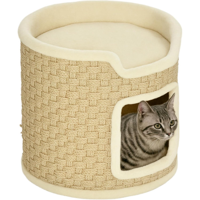 Дім-будиночок для кота PawHut з когтеточкою, 37 см, бежевий (Хакі), до 5 кг