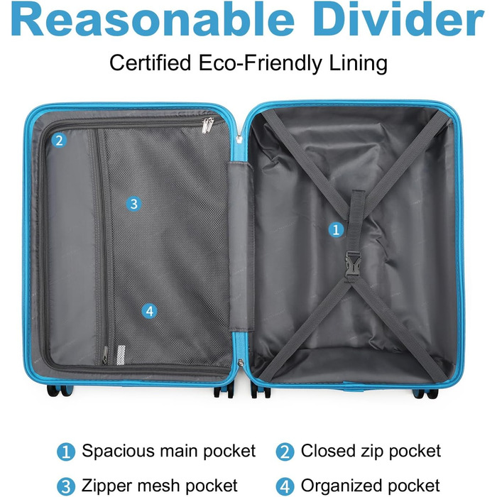 Чохол валіза British Traveller Hartschalenkoffer Groß, 74.5 x 49 x 30.5 см, ABS + PC, TSA-замок, 4 колеса, для подорожей та бізнесу (Світло-блакитний, L)