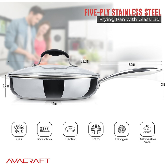 Сковорода Avacraft з нержавіючої сталі 18/10 Tri-Ply з кришкою, боковими виливами, Cool-Touch ручкою, для індукційних плит, 10 дюймів