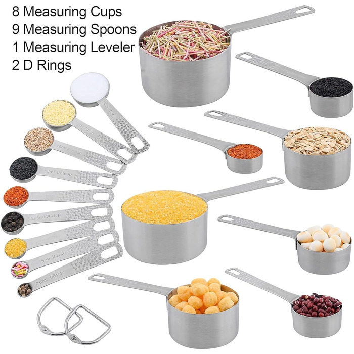 Smithcraft Measuring Cup and Spoon Set, 18-Piece, 18/8 Stainless Steel, Measuring Cups and Spoons, Set for Dry and Liquid, Metric and US Measurements, 8 Measuring Cups and 9 Spoons and Leveler for Baking