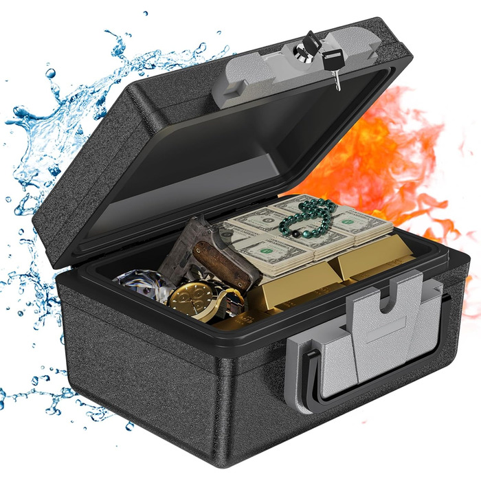 WASJOYE Portable Fireproof Safe Box with Key Lock - Home, Office, Car, Travel Security Box (6.8L, 16.8 x 32.4 x 39 cm)