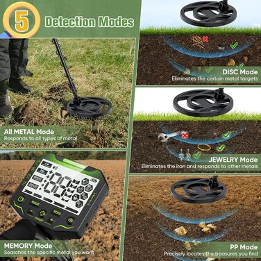 Металодетектор високоточний, регульована довжина 113-141 см, 5 режимів, акумуляторний, професійний з LCD-дисплеєм, водонепроникна котушка IP68 для дорослих та дітей (зелений)