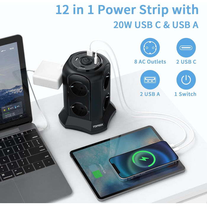 Многорозеткова смуга з USB, 8 розеток, з вимикачем, 4000W/16A, захист від перенапруги, 5м кабель, чорний колір