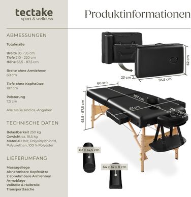 Масажне ліжко Tectake 2 зони, складане, з підголівником та підлокітниками, мобільне, з дерев'яними ніжками, 2 транспортні ролики, чорне