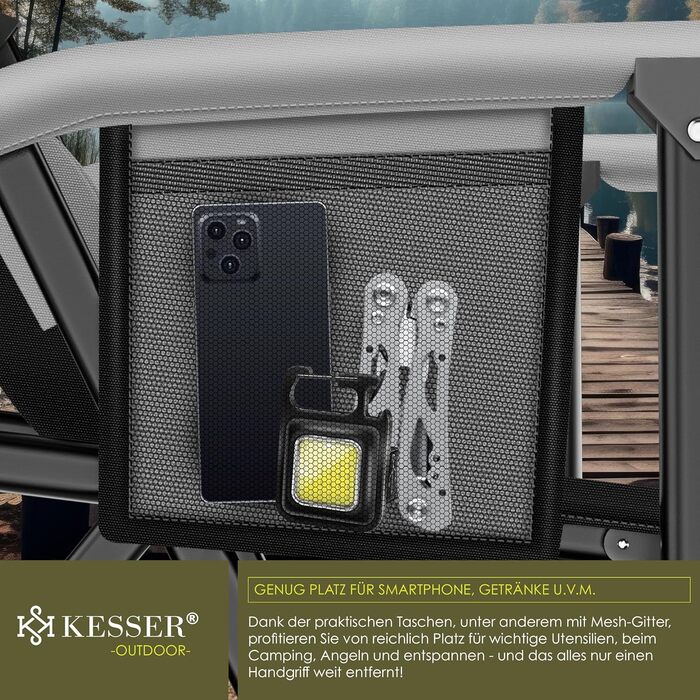 Кресlo для кемпінгу KESSER® з високою спинкою, 160 кг | Стільчик для риболовлі, з підлокітниками, кишенькою для напоїв та світлом | Сірий/Чорний