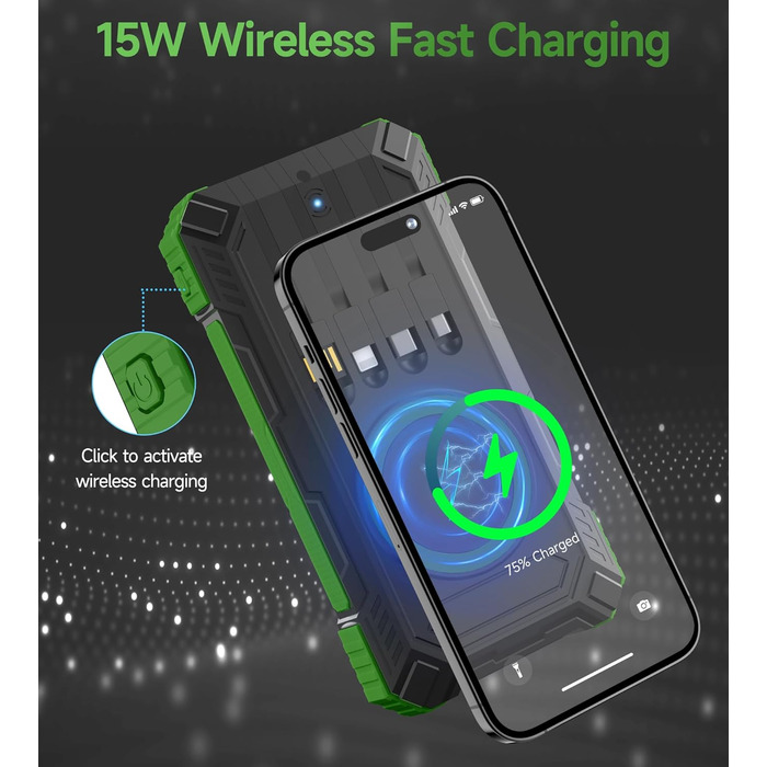 Портативний зарядний пристрій Solar Powerbank 56800mAh з бездротовою зарядкою, 30W PD, 6 виходів, ліхтарик, велика ємність для кемпінгу та подорожей (Зелений)