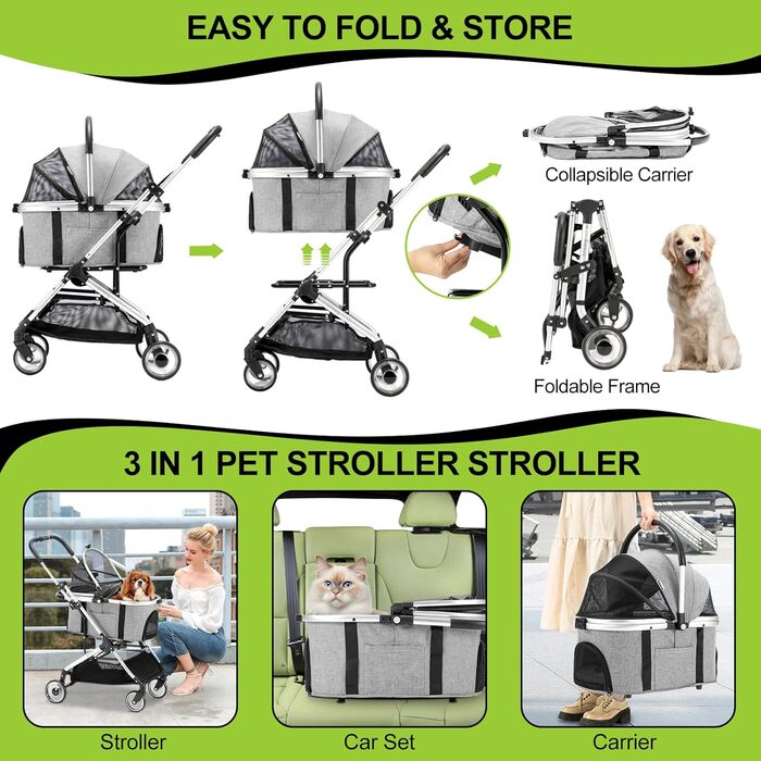 3 в 1 Візок для собак з рознімним сидінням, сумка-переноска, складна конструкція, візок для домашніх тварин та дітей (сірий, до 20 кг)