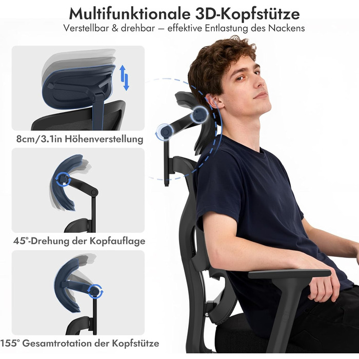 Ергономічне крісло для офісу та геймінгу з регульованою підголівником та 3D підлокітниками, підтримкою попереку, чорне